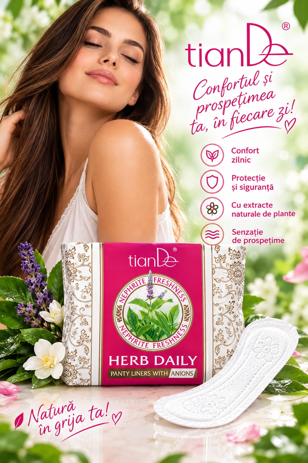 Absorbante zilnice pe bază de plante,cu anioni, din bumbac, 20buc.  Cod 61915