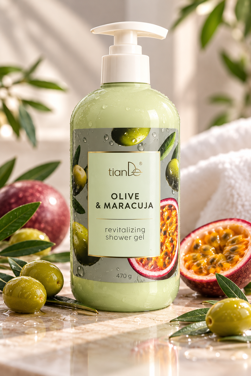 Gel de duș revitalizant cu Măsline și Maracuja, 470g  Cod 30162-2